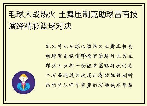 毛球大战热火 土舞压制克助球雷南技演绎精彩篮球对决